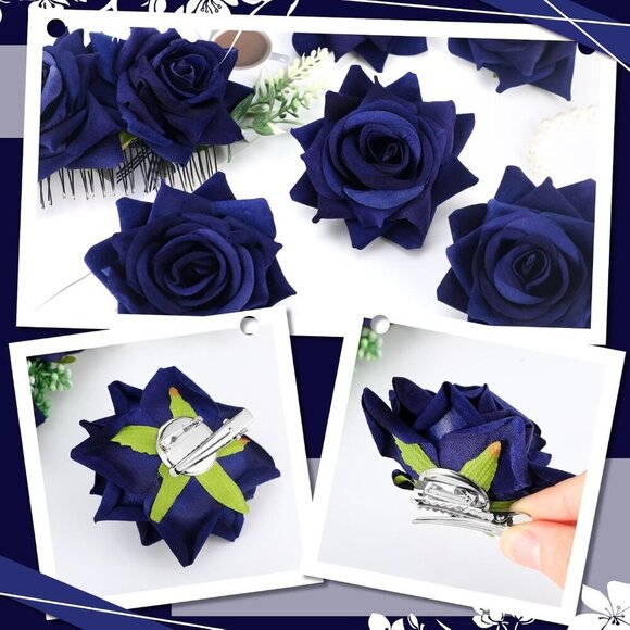 Flower Hair Clip Set Navy Blue 6 pcs Rose Floral Accessories for Women Girls main image 6